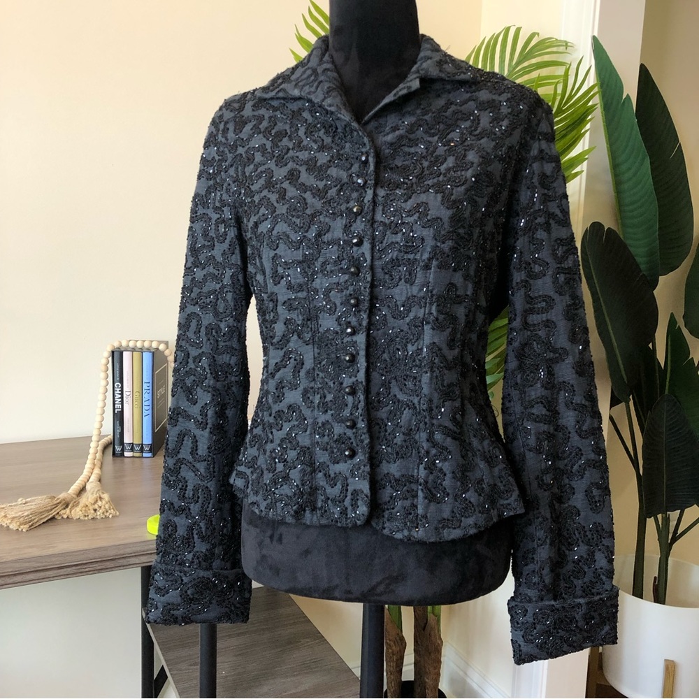 RALPH LAUREN Silk Blend Exquisite Beaded Smokey Gray Black Onyx Button Blazer M